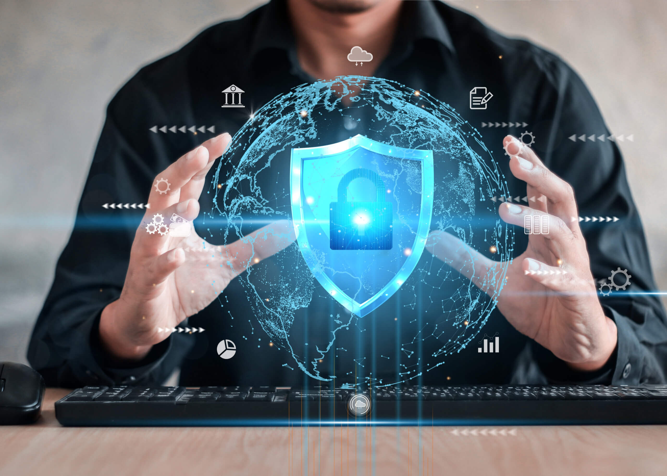 AI photo of man holding a virtual globe in his hands with padlock in middle